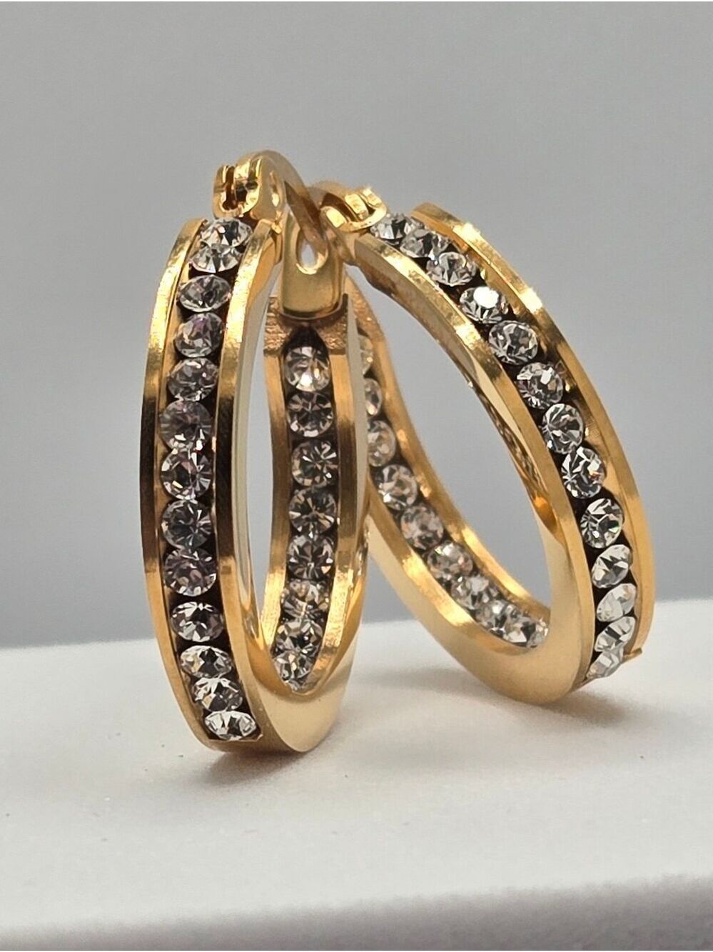 Steeltime 18K Gold Plated Stainless Steel Crystal Hoop Earrings New - Picture 11 of 15